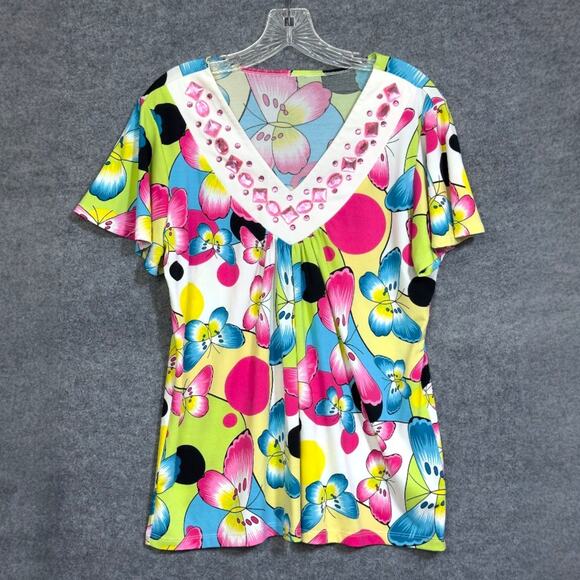 Butterfly Tunic Top Embellished Women M Flutter Sleeve Slinky Knit Whimsy Fairy - Picture 1 of 11